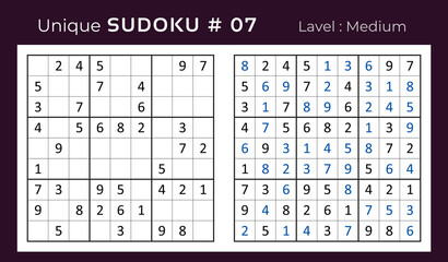 Vector sudoku puzzle with answer. Sudoku, number puzzle game with numbers for kids and adults.