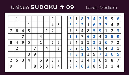 Vector sudoku puzzle with answer. Sudoku, number puzzle game with numbers for kids and adults. © cnh