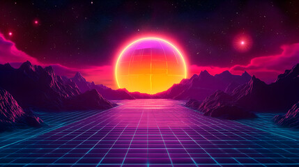 grid landscape creating a retro 80s synthwave-inspired atmosphere 