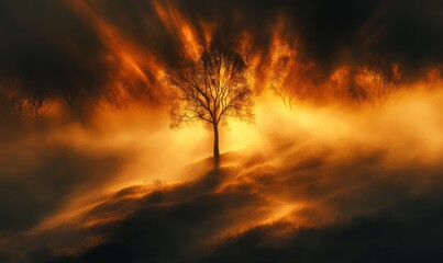 Solitary tree in fiery sunset fog, mystical landscape, fantasy art