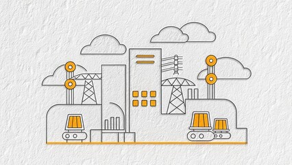 5G Network technology coverage. Industrial landscape illustration featuring machinery, buildings, and energy sources in a minimalist style.
