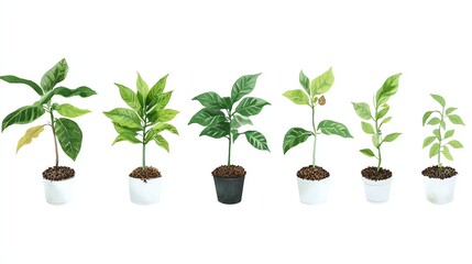 Fototapeta premium A collection of various potted plants showcasing different leaf colors and shapes, isolated on a white background, perfect for gardening enthusiasts or interior decor inspiration.