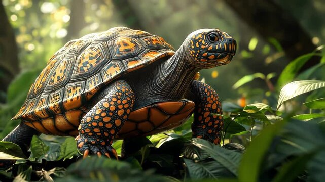 A vibrant close-up of an orange and black tortoise in lush foliage.