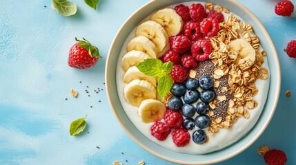 Yogurt parfait with granola, berries, & banana slices. Perfect for healthy breakfast or snack visuals.