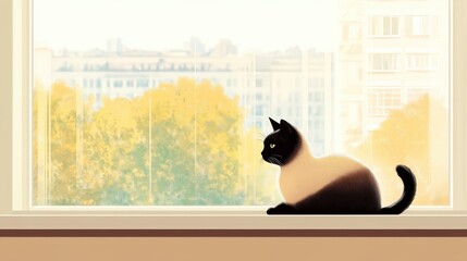 Siamese cat relaxes on window sill, basking in sunlight with a serene city park view in the background. National Siamese Cat Day