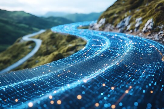 A glowing digital pathway meandering through scenic mountainous landscape views