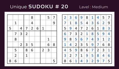 Vector sudoku puzzle with answer. Sudoku, number puzzle game with numbers for kids and adults.