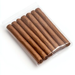 A set of premium cigars neatly arranged in a clear plastic packaging. The rich, brown color of the cigars is showcased against a clean white background.