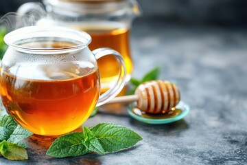 healthy aging secrets. Warm tea with honey and mint leaves in a cozy setting.