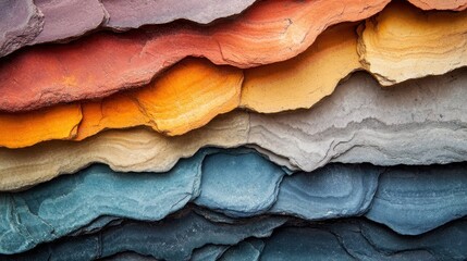 Layered slate rocks in vibrant hues of red, orange, beige, and blue. Ideal for projects needing earthy, geological textures, showcasing natural beauty and color gradients.