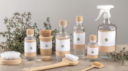 Eco-Friendly Cleaning Products Displayed with Natural Elements on a Modern Countertop in a Contemporary Home Environment