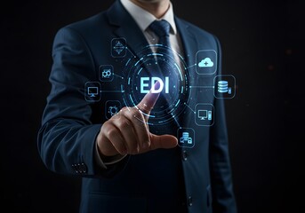 EDI, Electronic Data Interchange Concept. Businessman touching on EDI (Electronic Data Interchange) icons, information paperwork exchange in business context,  global data transfer, digital security, 