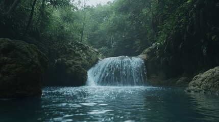 Fototapeta premium Serene Waterfall in Lush Green Forest