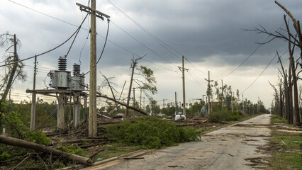 Destruction of power grid after disaster, fallen trees, damaged poles