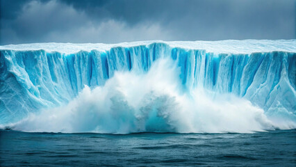 massive glacier calving into ocean creates stunning splash of water. powerful scene captures beauty and force of nature