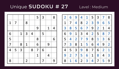 Vector sudoku puzzle with answer. Sudoku, number puzzle game with numbers for kids and adults.