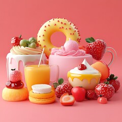 Pink background, sweet treats, juice, dessert