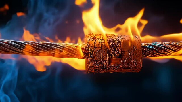 A dramatic scene of burning wire engulfed in flames and smoke.