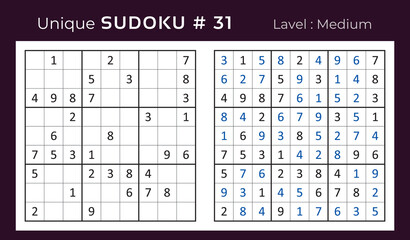 Vector sudoku puzzle with answer. Sudoku, number puzzle game with numbers for kids and adults.