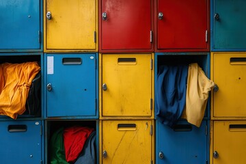 Colorful lockers with clothes inside, some are open, showing folded garments. Illustrates storage, organization, and school or gym settings.