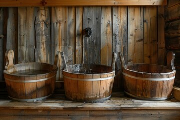 Fototapeta premium Traditional wooden tubs filled with water prepare for a soothing sauna experience in a rustic setting at a wellness retreat