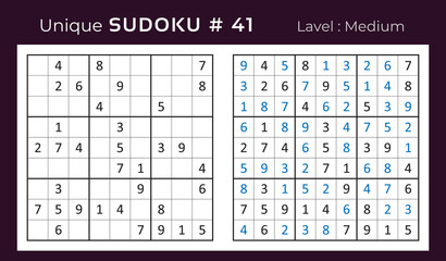Vector sudoku puzzle with answer. Sudoku, number puzzle game with numbers for kids and adults.