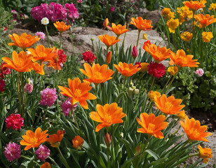 Fototapeta premium Colorful Spring flowers bloom, and orange and yellow flowers look gorgeous.