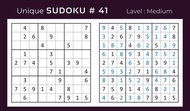 Vector sudoku puzzle with answer. Sudoku, number puzzle game with numbers for kids and adults.
