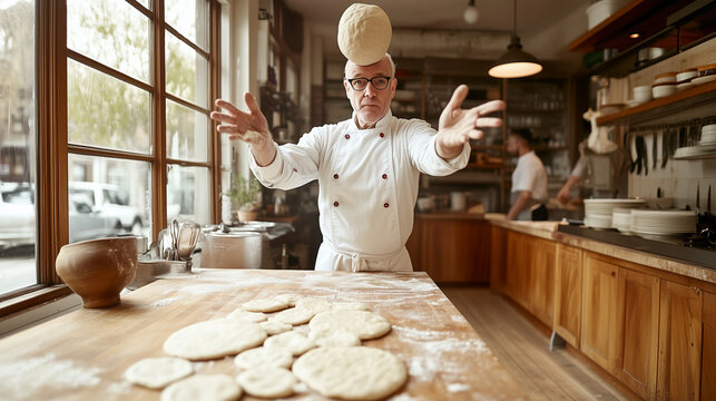 Chef Tossing Pizza Dough Landing on His Head