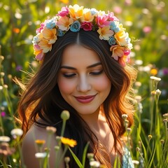 Decoraci&oacute;n floral sobre la cabeza de una hispana