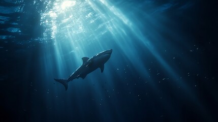 Fototapeta premium Underwater Predator great white shark gliding through deep blue waters sunlight filtering from above small fish scattering
