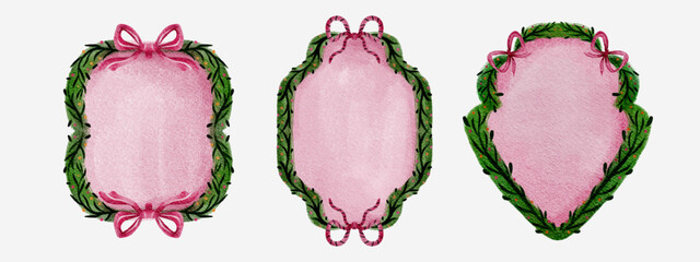 Floral crest and ribbon ornament for wedding, or christmas ornament. hand drawn illustration, floral frame