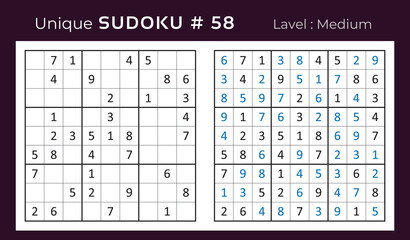 Vector sudoku puzzle with answer. Sudoku, number puzzle game with numbers for kids and adults.