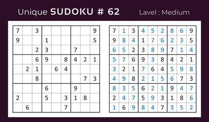 Vector sudoku puzzle with answer. Sudoku, number puzzle game with numbers for kids and adults.
