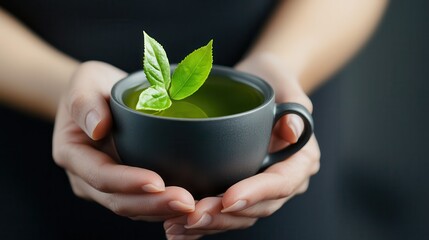 healthy aging secrets. Fresh green tea in a black cup held by hands with leaves.