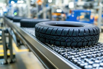Tire Rolling on a Conveyor Belt in a Modern Manufacturing Facility