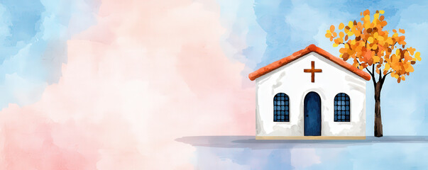 Fototapeta premium A quaint, illustrated church surrounded by a colorful tree against a soft, pastel backdrop.