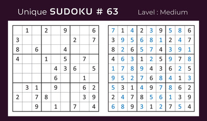 Vector sudoku puzzle with answer. Sudoku, number puzzle game with numbers for kids and adults.