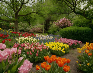Colorful Spring flowers bloom, tulips and green trees in the park.