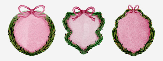 Floral crest and ribbon ornament for wedding, or christmas ornament. hand drawn illustration, floral frame