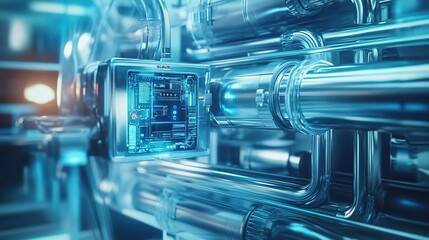 Control panel monitors complex pipe system in futuristic factory.
