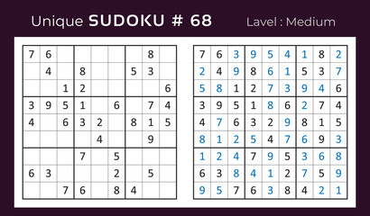 Vector sudoku puzzle with answer. Sudoku, number puzzle game with numbers for kids and adults.