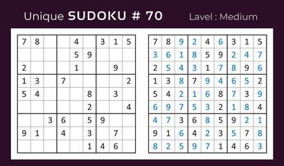Vector sudoku puzzle with answer. Sudoku, number puzzle game with numbers for kids and adults.