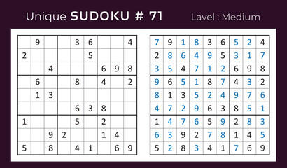 Vector sudoku puzzle with answer. Sudoku, number puzzle game with numbers for kids and adults.