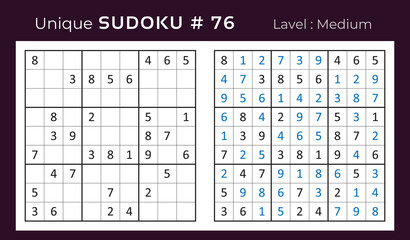 Vector sudoku puzzle with answer. Sudoku, number puzzle game with numbers for kids and adults.