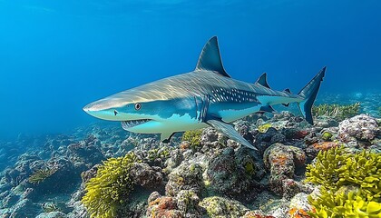 Fototapeta premium Shark Near Vibrant Coral Reef Underwater