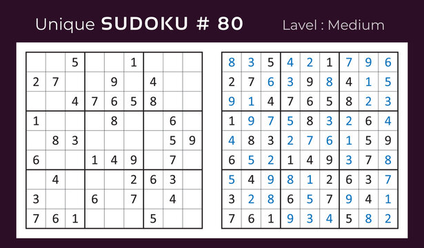 Vector sudoku puzzle with answer. Sudoku, number puzzle game with numbers for kids and adults.