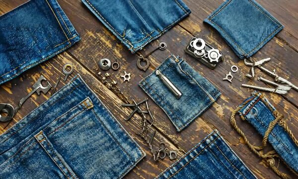 Denim fabric patches with metal objects arranged on a dark brown wooden surface.