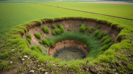Sinkhole in a Green Farmland, erosion and collapse in rural terrain, geological phenomenon affecting agriculture