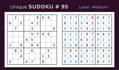 Vector sudoku puzzle with answer. Sudoku, number puzzle game with numbers for kids and adults.